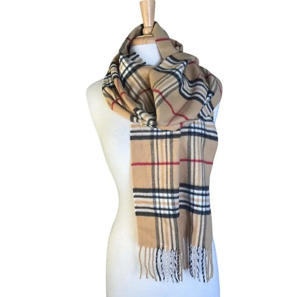V Fraas Cashmink Classic Plaid Scarf With Fringe Tan Black Soft Fuzzy Cozy Warm
